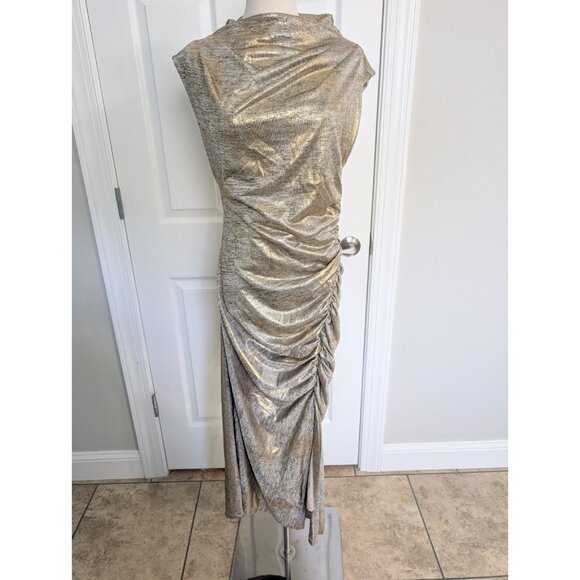 Anthropologie Sz M Maya Ruched Cowl-Neck Midi Dress Shine Edition Metallic Gold - Picture 5 of 11